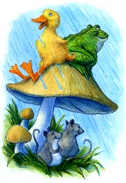 Cute Swamp Pals, Duck Frog and Mice in Rain