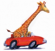 Funny Giraffe Driving in Red Car