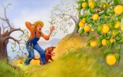 Farmer and his Dog in the Apple Orchard