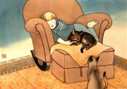 Boy Sleeping with Cats